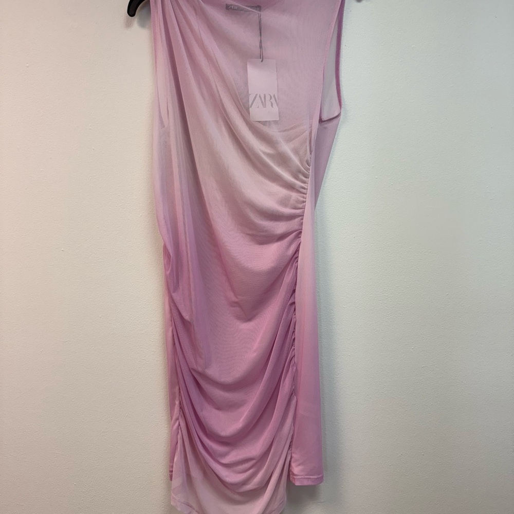 Zara Pink Asymmetrical Ruched Bodycon Mini Dress - Picture 2 of 4